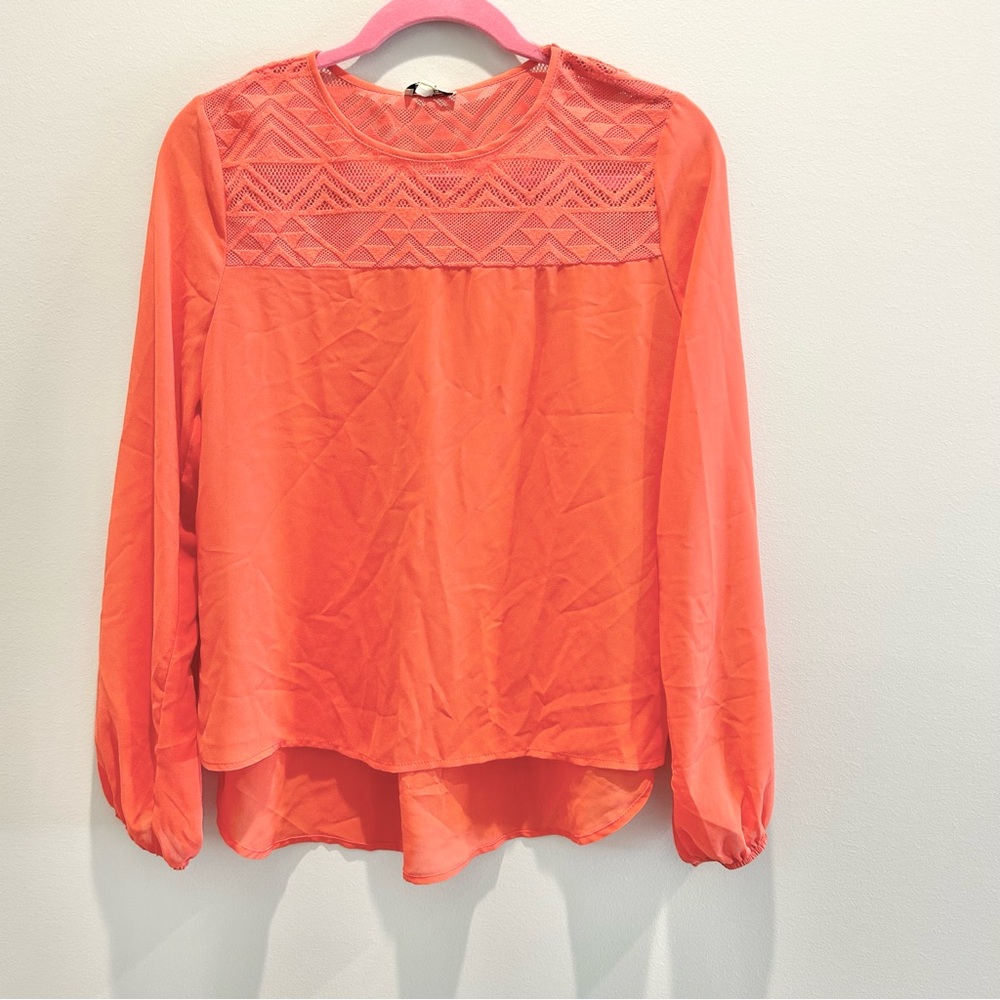 Lily Vibrant Coral Blouse with Geometric Lace Size Medium